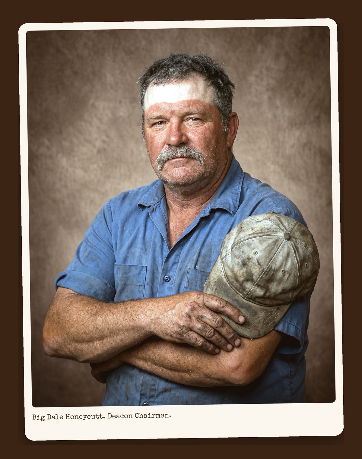 Big Dale Honeycutt, mustache, blue work shirt, holding a worn ball cap, directory portrait.