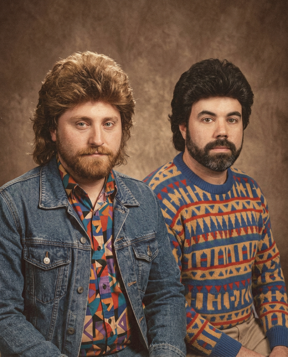 Dave and H, creative unpaid interns, denim jacket and patterned sweater, directory portrait.