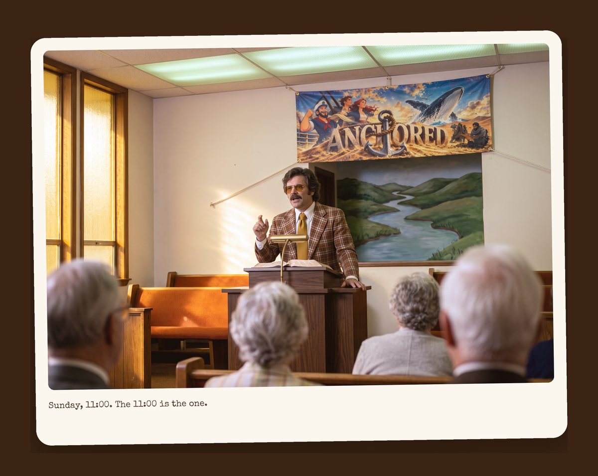 Pastor Dale preaching from a wooden pulpit beneath the Anchored banner in a wood-paneled sanctuary, with the painted Jordan River baptistry mural behind him and a congregation of silver-haired heads in the foreground.